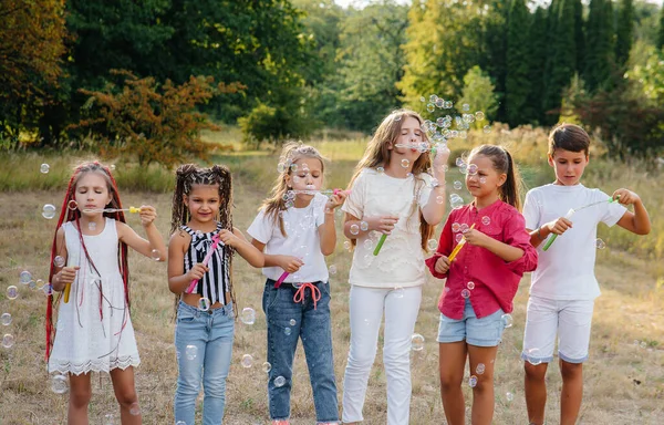 Large Group Cheerful Children Play Park Inflate Soap Bubbles Games — Stock Photo, Image