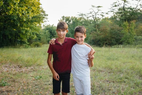 Dois Meninos Pequenos Alegres Estão Parque Sorrindo Infância Feliz — Fotografia de Stock