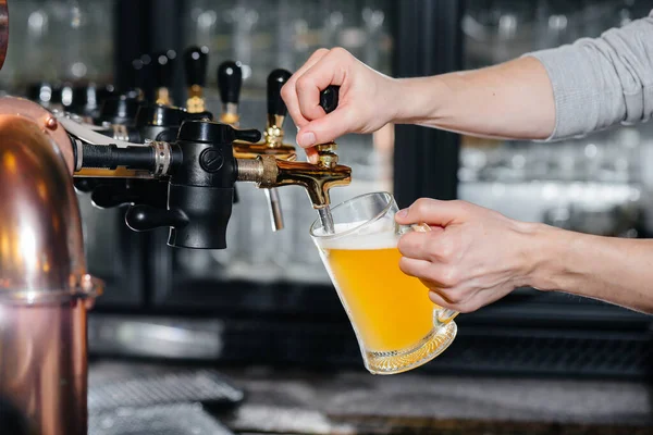 Close-up of the bartender filling a mug of light beer. The bar counter in the pub.