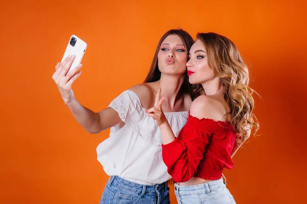 Deux Jeunes Belles Filles Prennent Selfie Regardent Téléphone Dans Studio — Photo