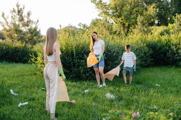 Grupo Niñas Con Niños Atardecer Dedican Recolección Basura Parque Cuidado —  Fotos de Stock