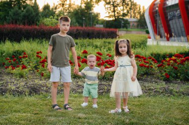 Küçük erkek kardeş, doğada bir yürüyüş sırasında ağladığı için büyük erkek ve kız kardeşin ellerinde tutulur. Arkadaş canlısı bir aile..