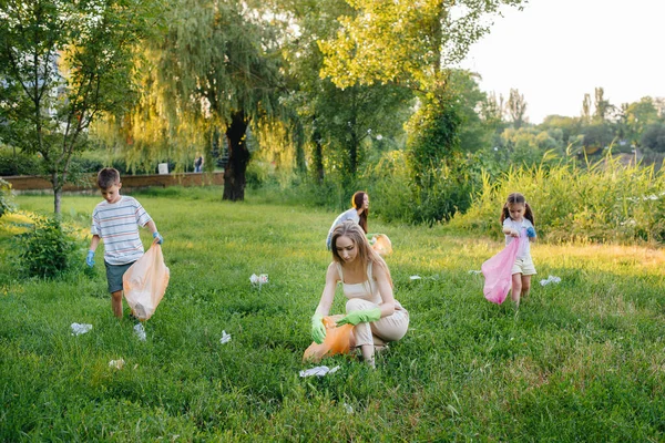 Grupo Niñas Con Niños Atardecer Dedican Recolección Basura Parque Cuidado —  Fotos de Stock