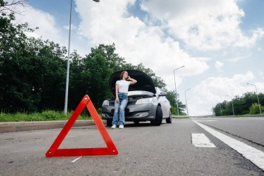 Genç bir kız otoyolun ortasında bozuk bir arabanın yanında duruyor ve telefondan yardım istiyor. Aracın bozulması ve arızası. Yardım bekliyorum..