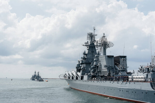 Modern ships of the Navy lined up for the festive parade. Modern ships of the Navy.