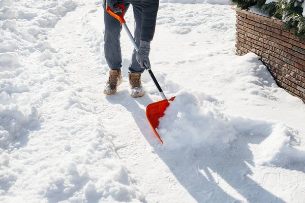 Young Man Clears Snow Front House Sunny Frosty Day Cleaning — Stock Photo, Image