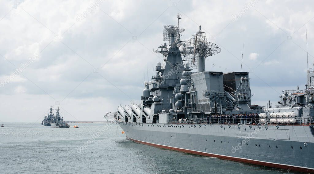 Modern ships of the Navy lined up for the festive parade. Modern ships of the Navy.