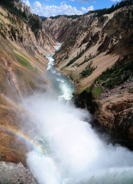 Yellowstone Nehri 'nin Pusulasına Aşağı Şelale' nin kıyısından Güneşli bir yaz gününde Açık mavi bir gökyüzü ve birkaç bulutla