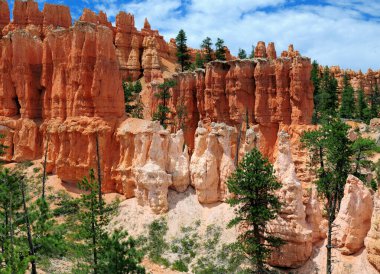 Güneşli bir yaz gününde, güneşli bir gökyüzü ve birkaç bulutla Bryce Canyon Ulusal Parkı 'ndaki Pekaboo kavşağındaki Rocky Hoodoos' a bakın.