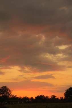 Mavi, beyaz ve turuncu bulutlu Panorama akşam gökyüzü