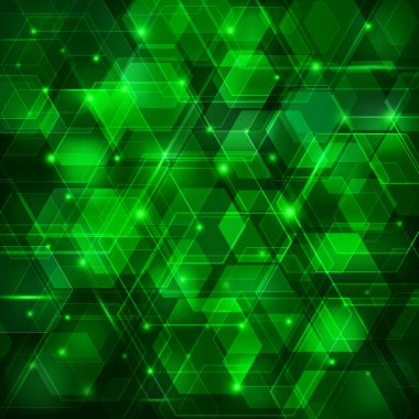 Altıgenler ve parlak kıvılcımlar yeşil soyut techno arka plan