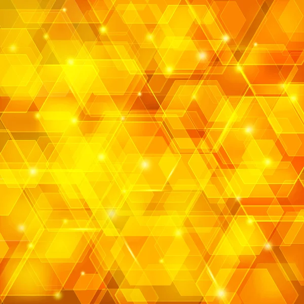 Orange abstract techno background with hexagons and glowing sparks — Stock Vector