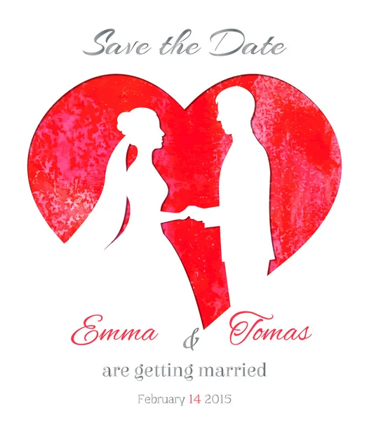Sla de datum uitnodigingskaart met aquarel hart en silhouet van een bruid en een bruidegom. Bruiloft en Valentijnsdag vector illustratie — Stockvector
