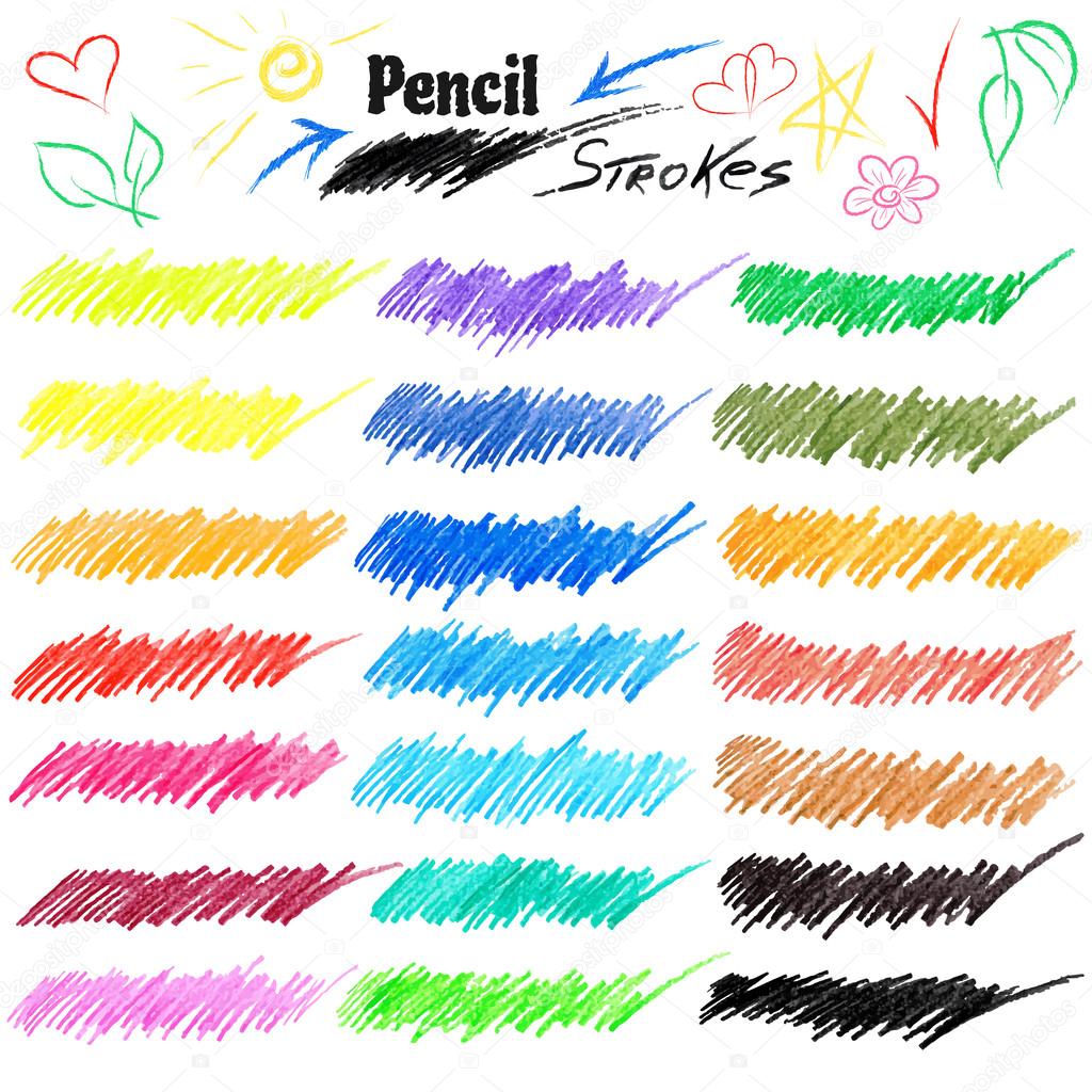 Vector set of various colorful pencil strokes on white background. Hand ...