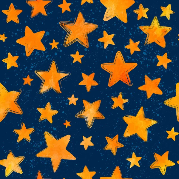 Orange watercolor painted stars on blue background vector seamless pattern — Stock Vector