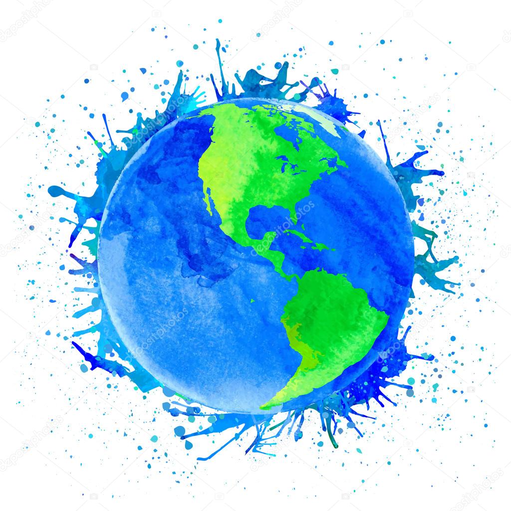 Vector illustration of Earth. Watercolor style with spots and splashes