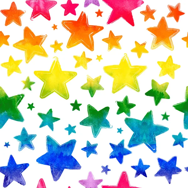 Vector seamless pattern with colorful watercolor painted stars — Stock Vector