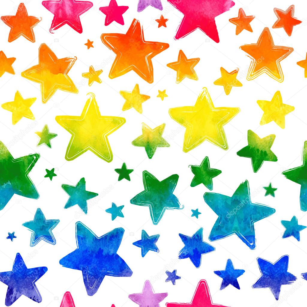 Vector seamless pattern with colorful watercolor painted stars