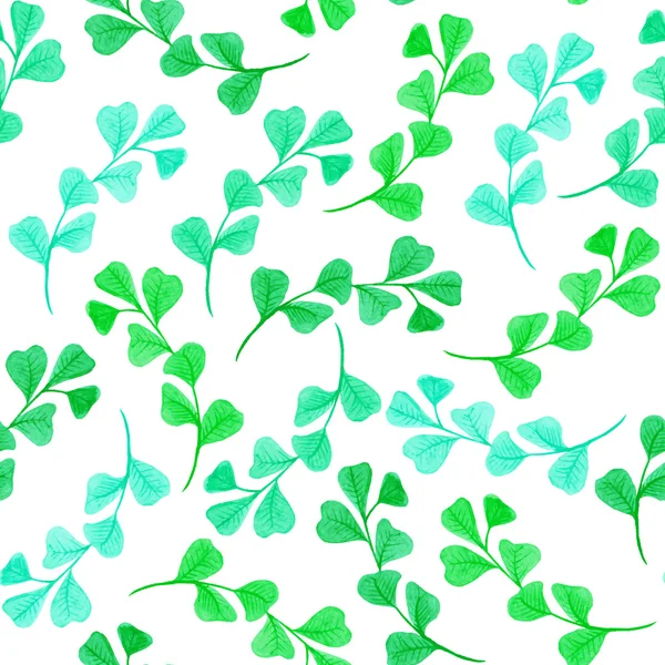 Padrão sem costura floral com folhas verdes e ramos sobre fundo branco. Desenho em aquarela vetorizado . —  Vetores de Stock