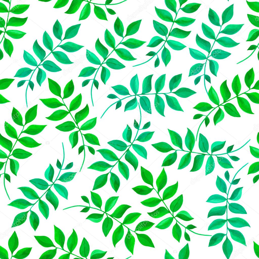 Floral seamless pattern with green leaves and branches on white background. Vectorized watercolor drawing.