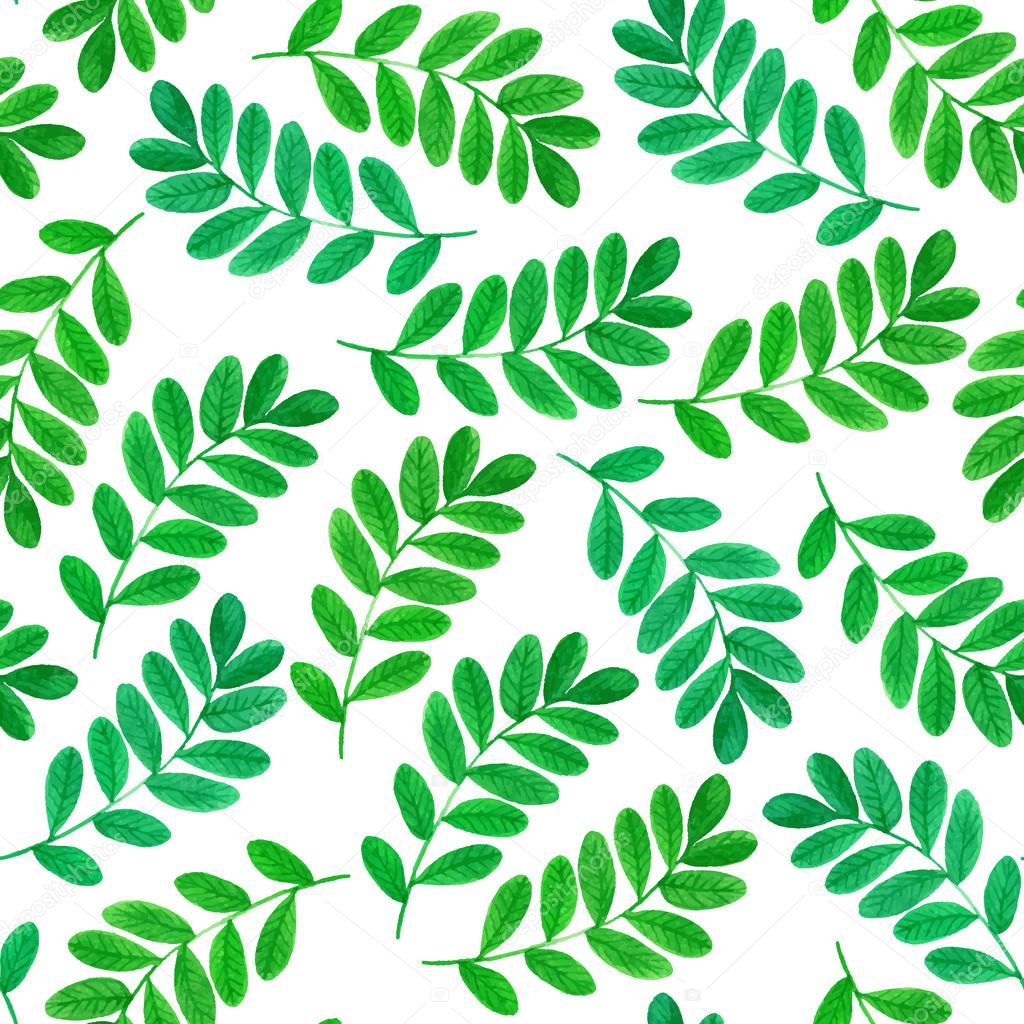 Floral seamless pattern with green leaves and branches on white background. Vectorized watercolor drawing.
