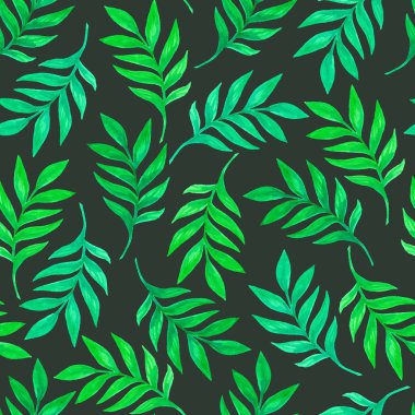 Yeşil yaprakları ve dalları ile çiçek seamless modeli. Vectorized suluboya çizimi.
