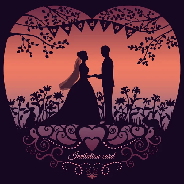 Tarjeta de invitación de boda con silueta novia y novio — Vector de stock