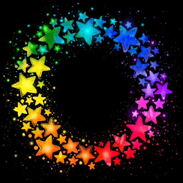 Composición circular con acuarela dibujada a mano estrellas coloridas — Vector de stock