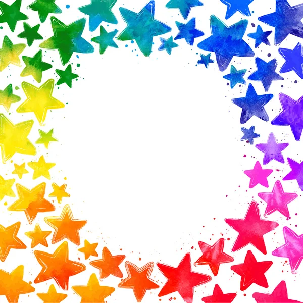 Marco con estrellas coloridas acuarela dibujada a mano y lugar para el texto en el medio sobre fondo blanco — Vector de stock