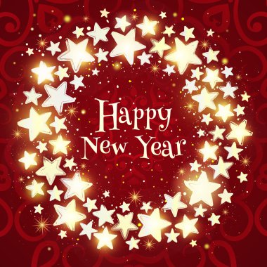 Noel çelenk kırmızı zemin üzerine. Parlayan yıldız ile daire kompozisyon.