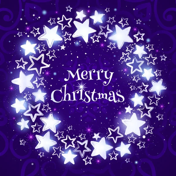 Ghirlanda di Natale su sfondo viola. Composizione circolare con stelle brillanti . — Vettoriale Stock