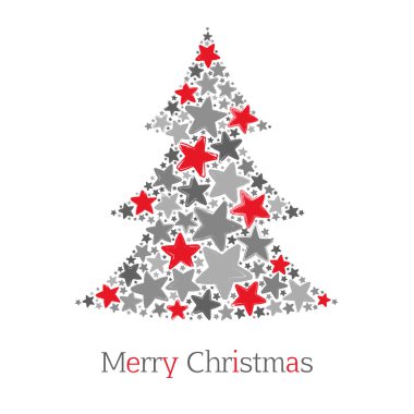 Abstract christmas tree made of red and grey stars on white background clipart