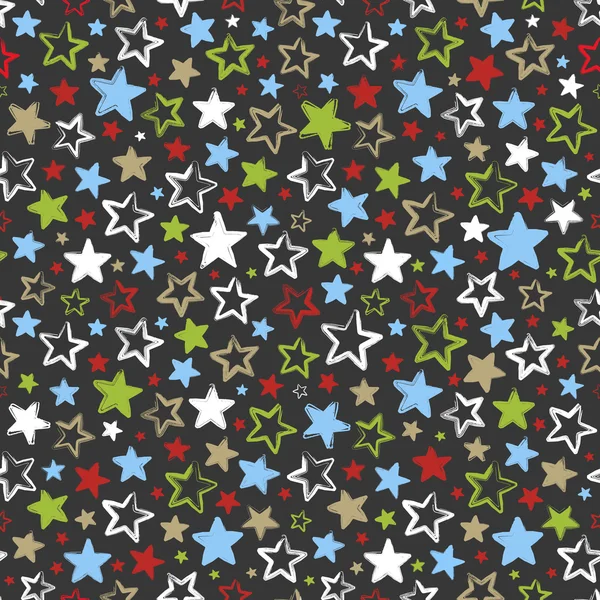 Patrón sin costuras con estrellas multicolores sobre fondo oscuro — Vector de stock