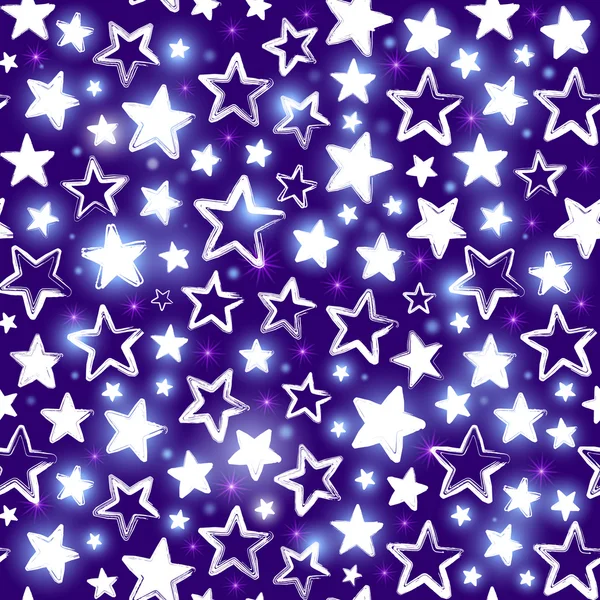 Patrón sin costuras con estrellas brillantes sobre fondo púrpura — Vector de stock