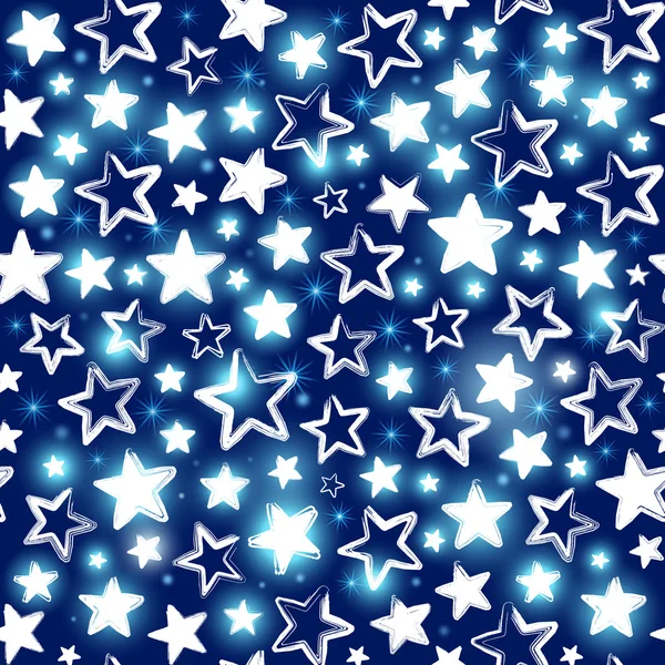 青の背景に輝く星とのシームレスなパターン — ストックベクタ