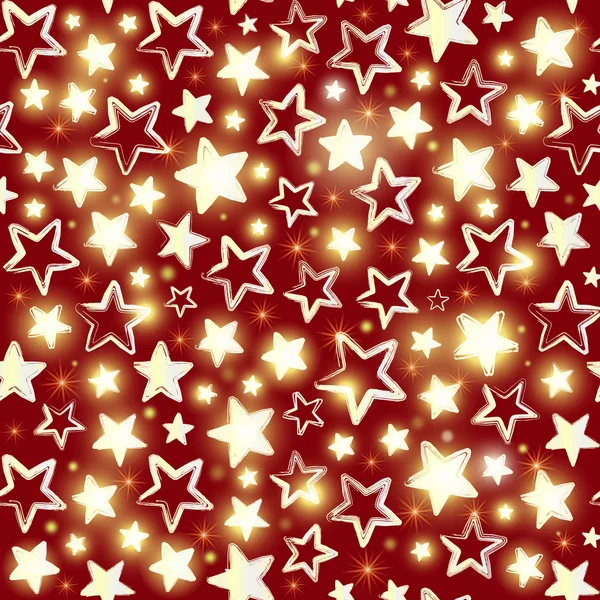 Patrón sin costuras con estrellas brillantes sobre fondo rojo — Vector de stock