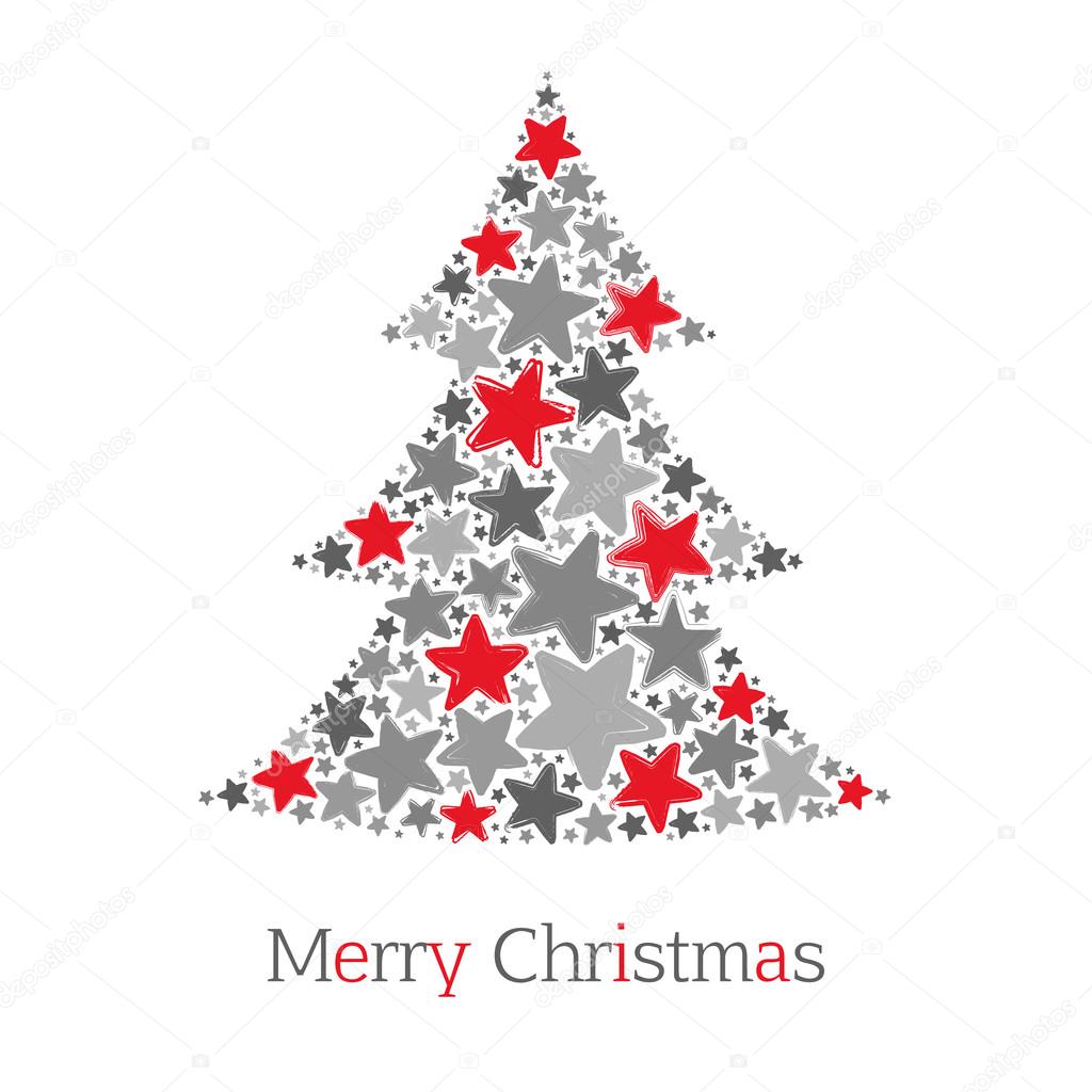 Abstract christmas tree made of red and grey stars on white background