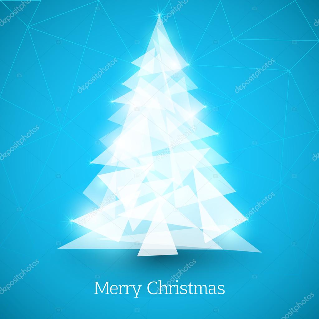 Abstract christmas tree made of white triangles on blue background