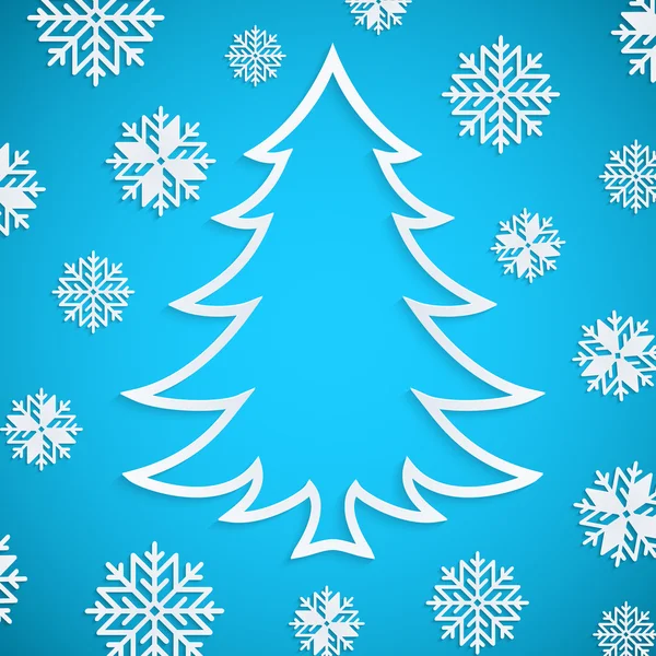 Vector de papel blanco árbol de Navidad sobre el fondo azul con copos de nieve . — Archivo Imágenes Vectoriales