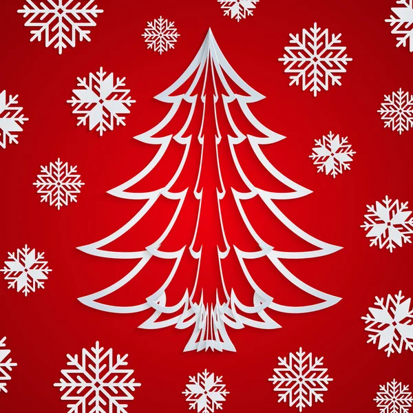 雪の結晶と赤の背景にベクトル ホワイト ペーパー クリスマス ツリー — ストックベクタ