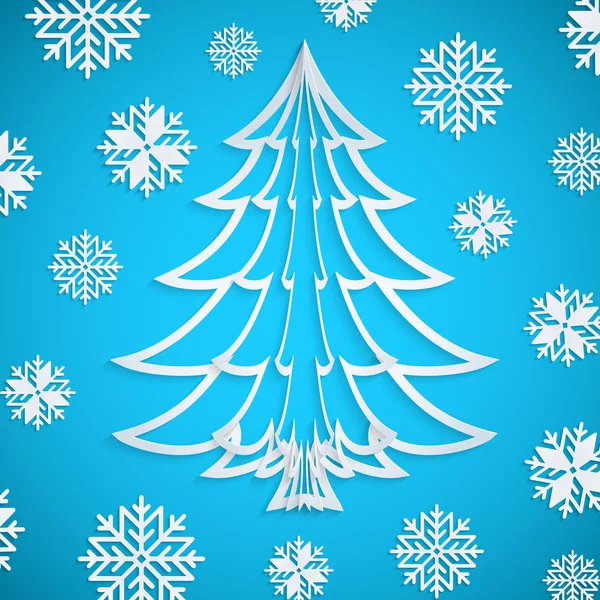 雪の結晶は、青の背景にベクトル ホワイト ペーパー クリスマス ツリー — ストックベクタ