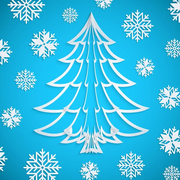 Vektör beyaz kağıt Noel ağacına kar taneleri ile mavi arka plan