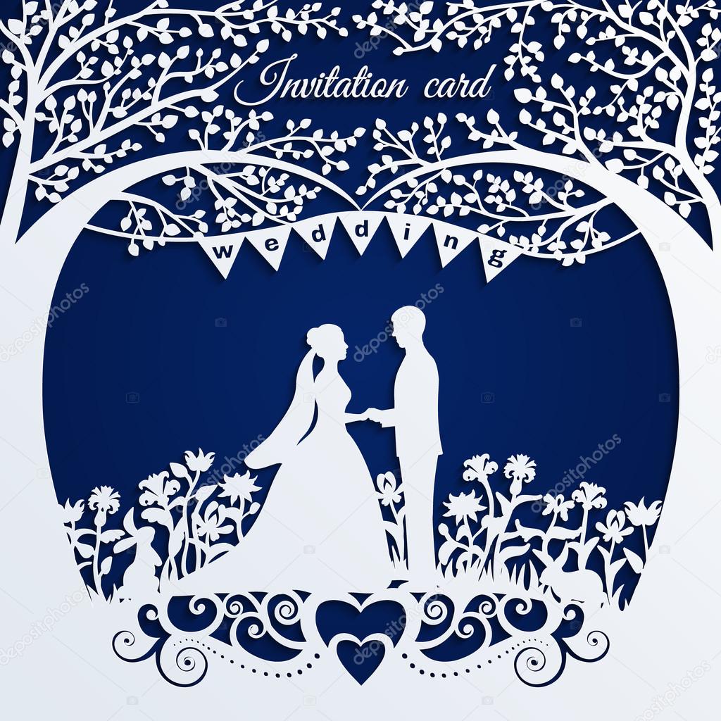 Wedding invitation card with silhouette bride and groom.