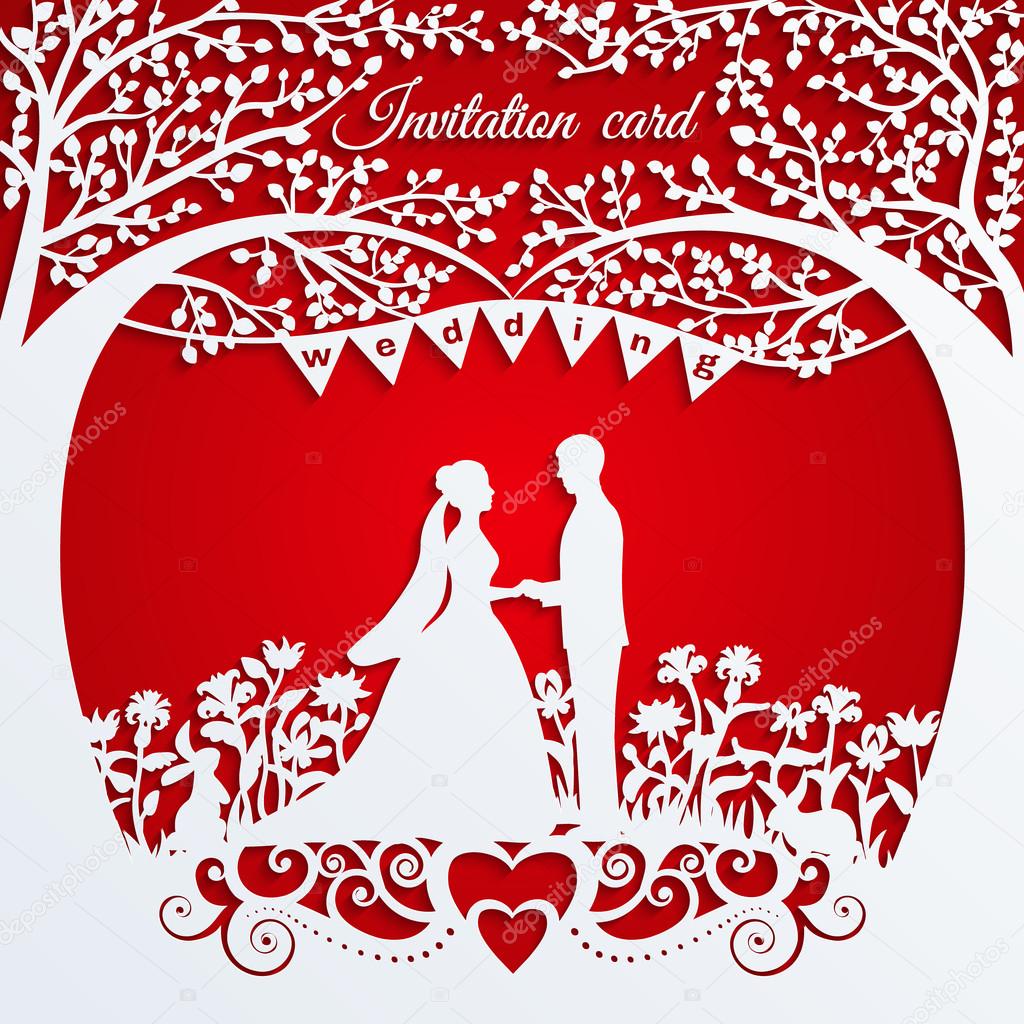 Wedding invitation card with silhouette bride and groom.