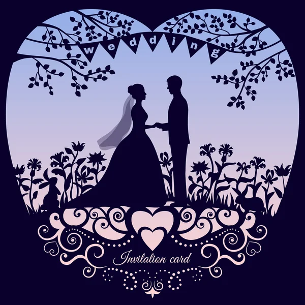 Hochzeitseinladungskarte mit Silhouette Braut und Bräutigam. — Stockvektor