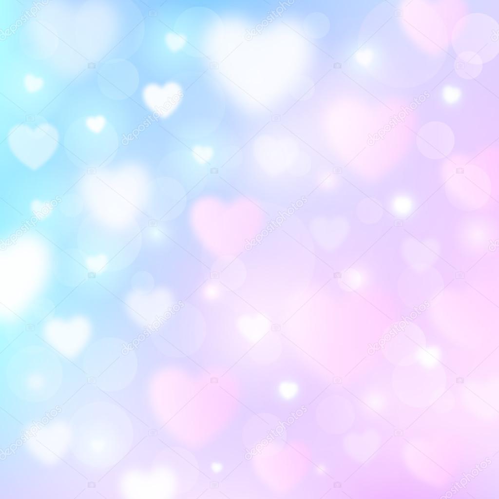 Abstract romantic background with hearts and bokeh lights.