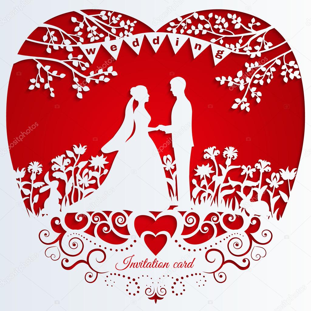 Wedding invitation card with silhouette bride and groom.