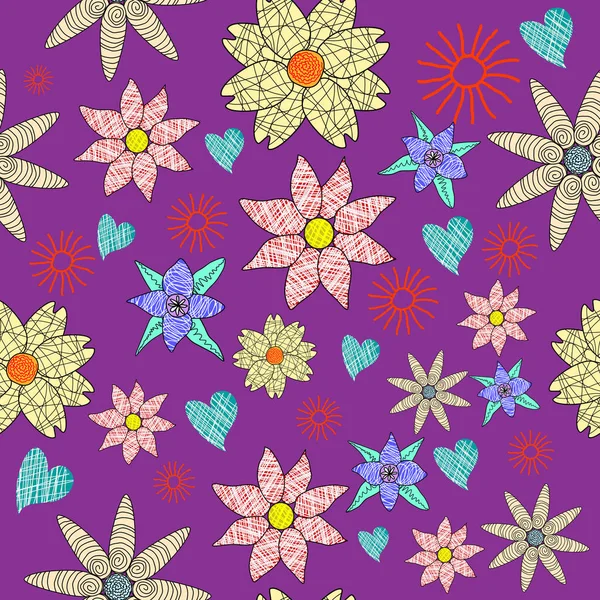 Coeurs Bleus Avec Des Fleurs Colorées Sur Fond Violet Motif — Image vectorielle