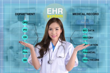 Female doctor and EHR screen. clipart