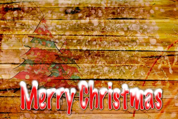 Christms Tree Wooden Background Snow Words Merry Christmas — Stock Photo, Image
